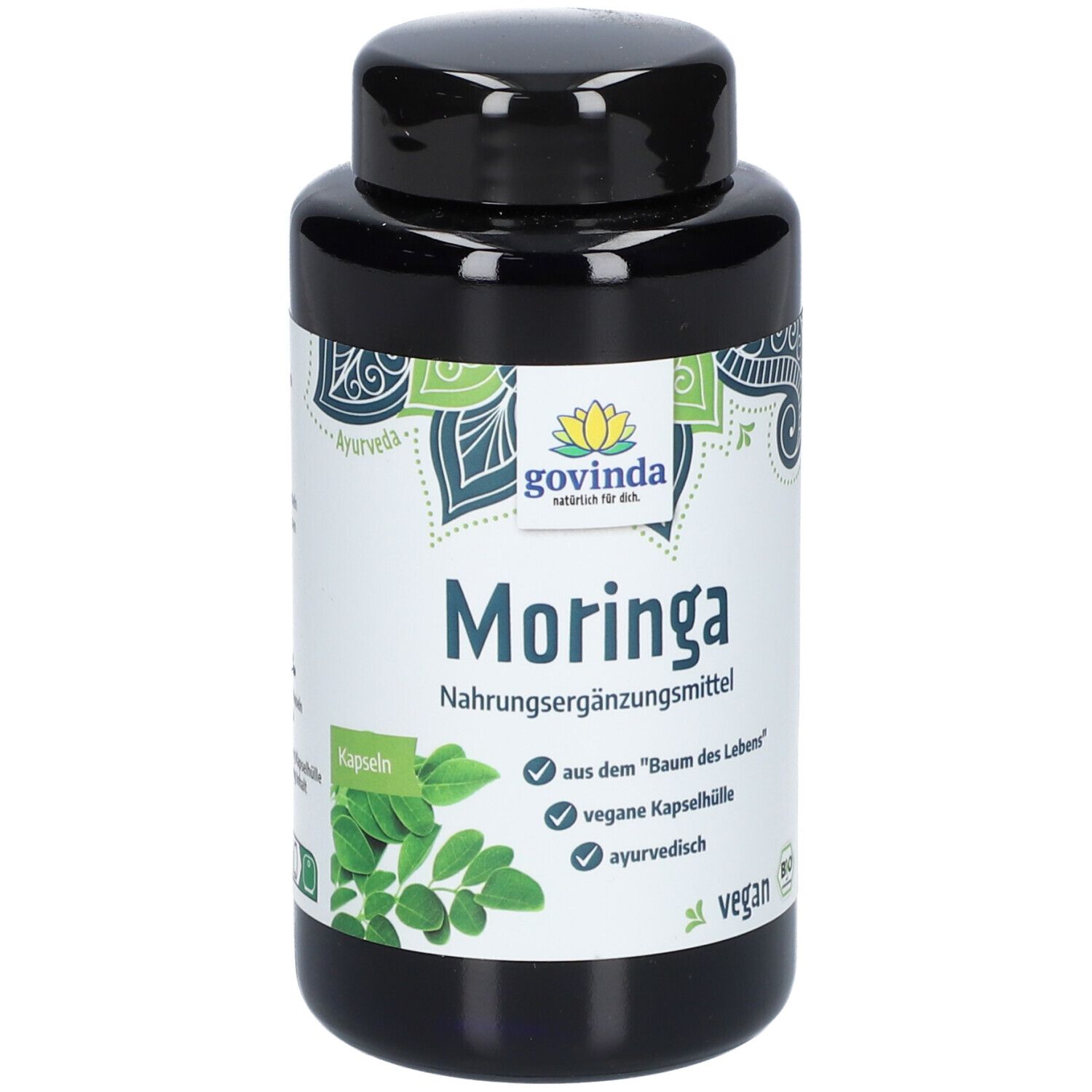 Schwarze Flasche mit Govinda Moringa Kapseln. Aufschrift: Moringa Nahrungsergänzungsmittel, vegan, ayurvedisch.