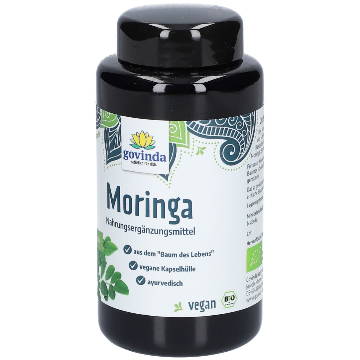 Schwarze Flasche mit Govinda Moringa Kapseln. Aufschrift: Moringa Nahrungsergänzungsmittel, vegan, ayurvedisch.