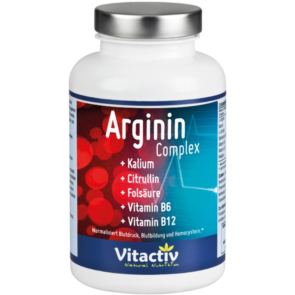 Weiße Flasche mit blau-rotem Etikett. Aufschrift: Arginin Complex, Vitactiv. Enthält Kalium, Citrullin, Folsäure, Vitamin B6, B12.