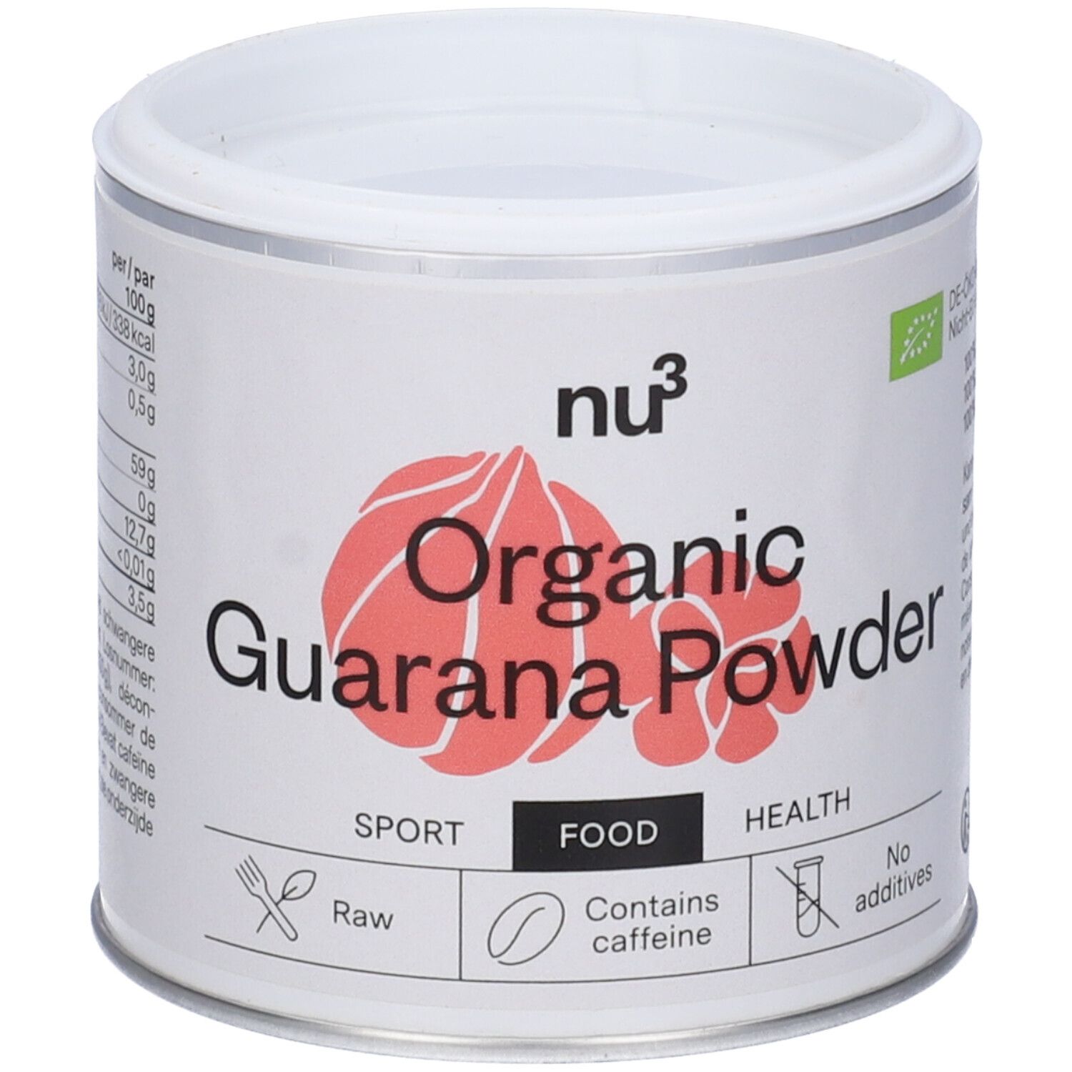 Weißes Dose mit rotem Guarana-Pulver-Logo. Aufschrift: Organic Guarana Powder, enthält Koffein. Mit Bio-Siegel.