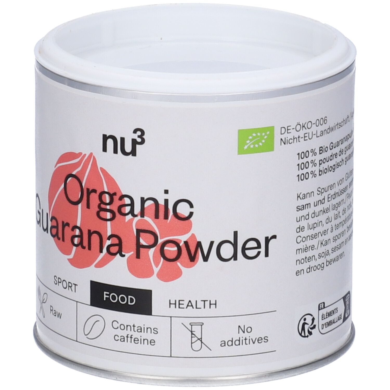 Weißes Dose mit rotem Guarana-Pulver-Logo. Aufschrift: Organic Guarana Powder, enthält Koffein. Mit Bio-Siegel.