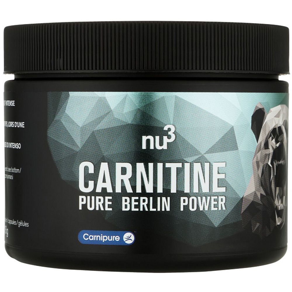 Schwarze Dose mit Aufschrift "nu3 Carnitine Pure Berlin Power". Logo und Bär-Grafik. Carnipure-Siegel.
