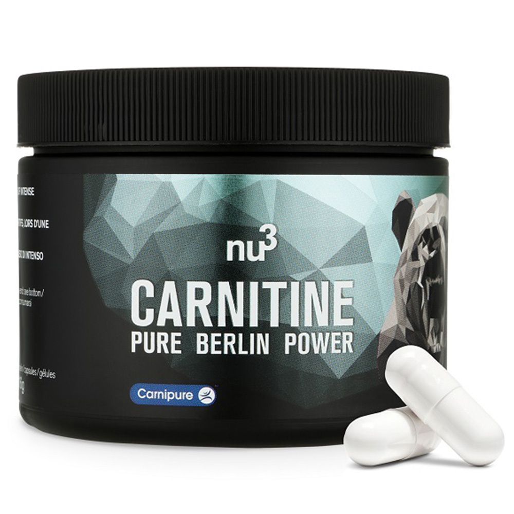 Schwarze Dose "nu3 Carnitine Pure Berlin Power" mit weißen Kapseln. Carnipure-Siegel. Bär-Grafik.