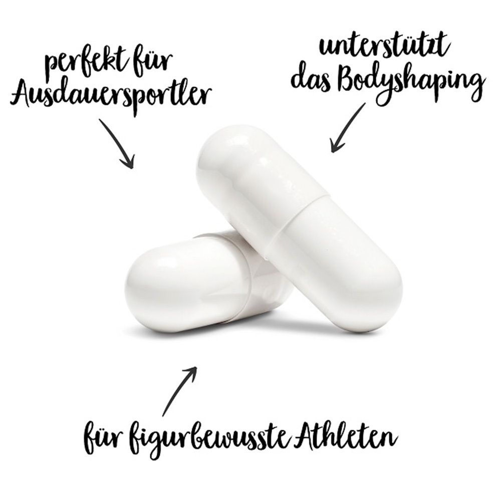 Zwei weiße Kapseln. Text: "perfekt für Ausdauersportler", "unterstützt das Bodyshaping", "für figurbewusste Athleten".