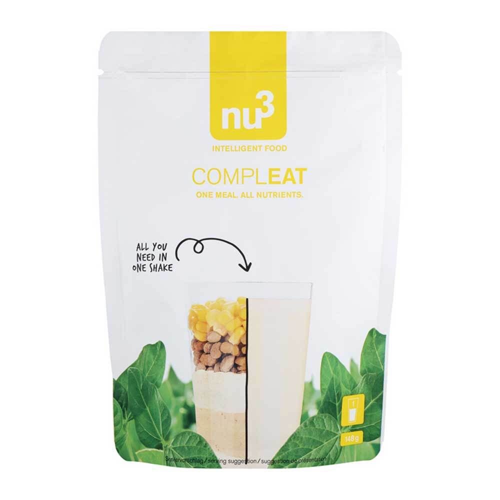 Beutel mit "nu3 Compleat". Gelber Streifen oben. Illustration eines Shakes. Text: "ONE MEAL. ALL NUTRIENTS".