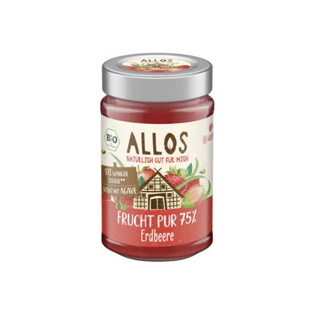 Allos Frucht Pur 75% Erdbeere Fruchtaufstrich im Glas mit silbernem Deckel. Bio-Siegel und Erdbeer-Illustration.