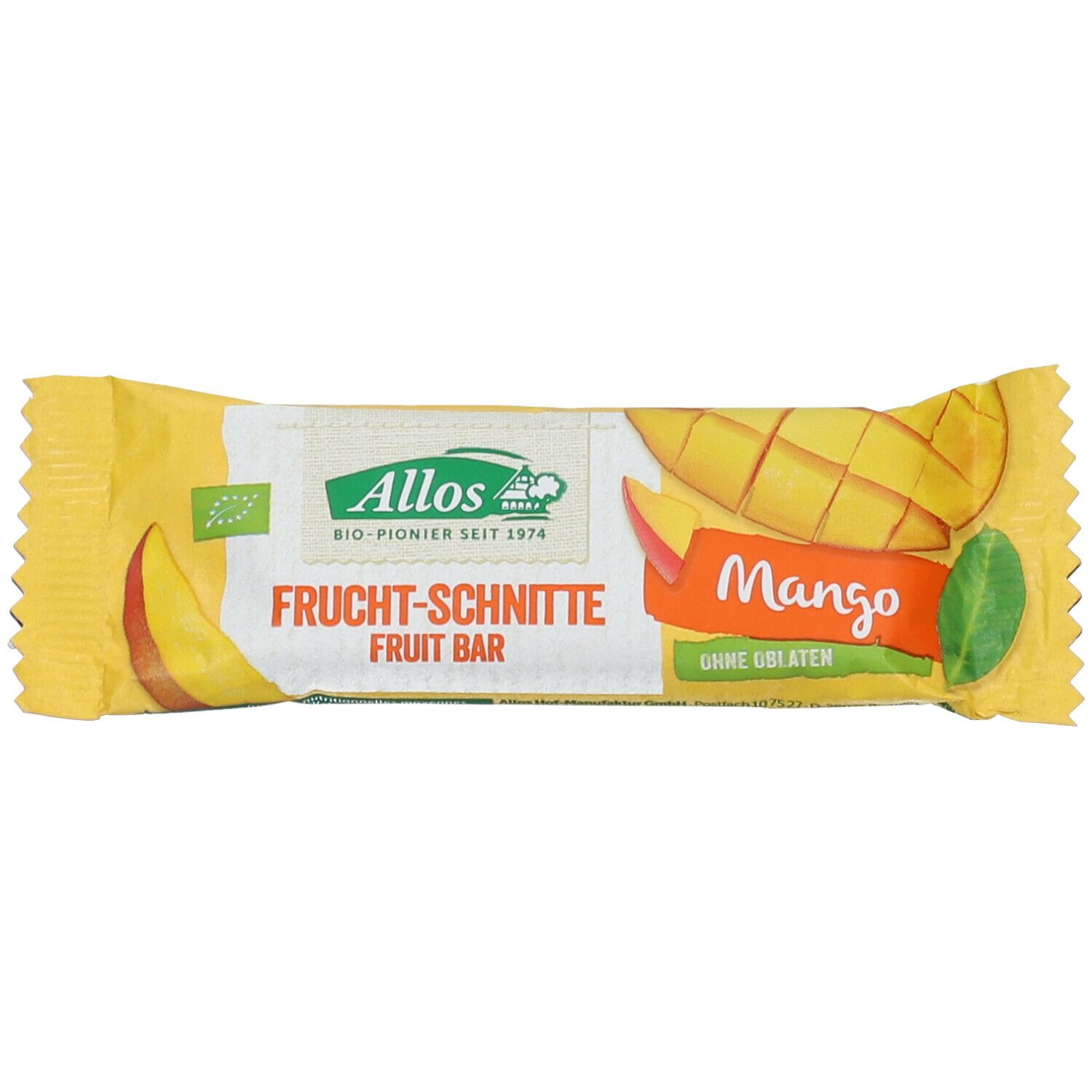 Allos Bio FRUCHTSCHNITTE Mango. Gelbe Verpackung mit Produktabbildung und Schriftzug. Bio-Siegel.