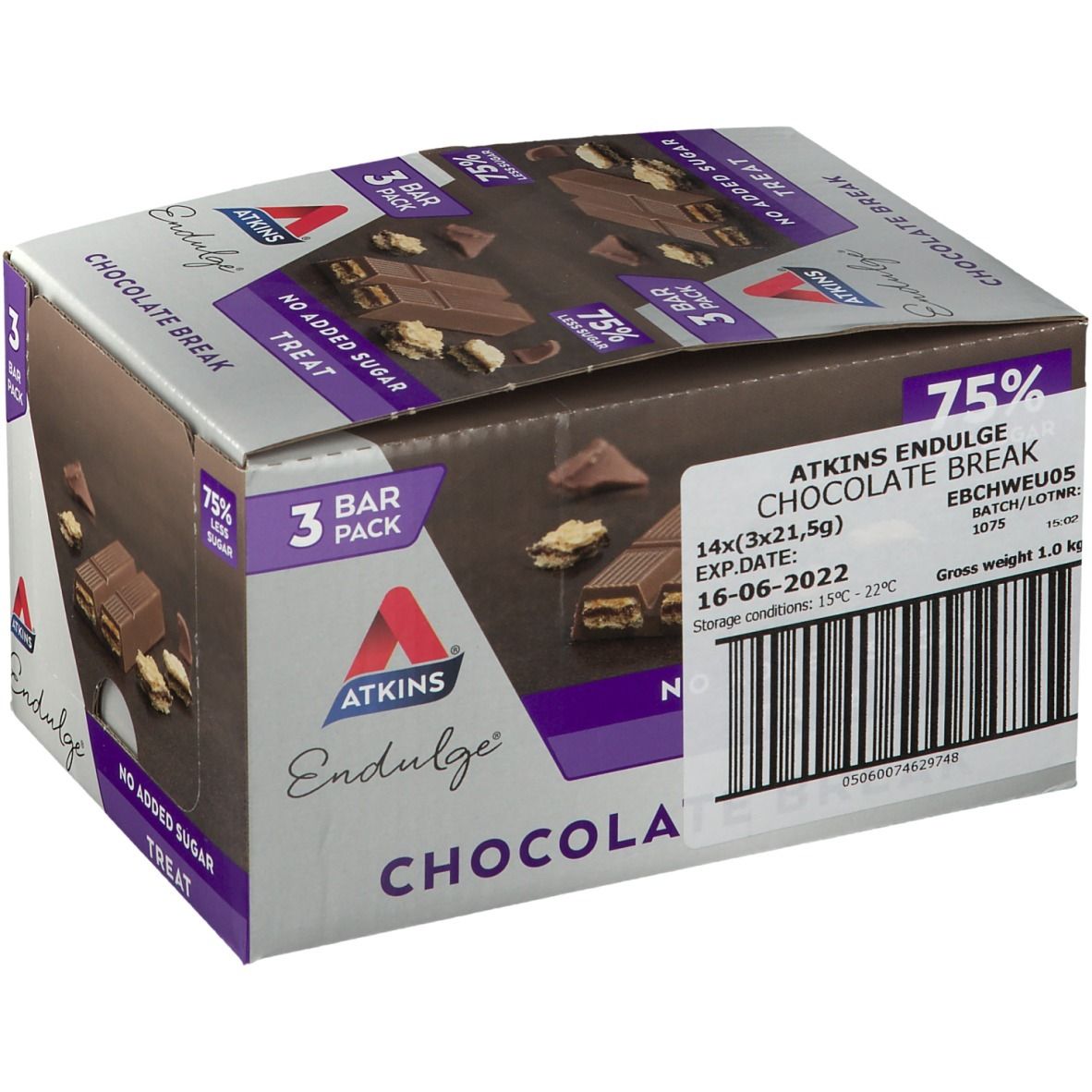 Verpackung von Atkins Endulge Chocolate Break. 3 Riegel Packung. 75% weniger Zucker. Ohne Zuckerzusatz. Haltbarkeit.