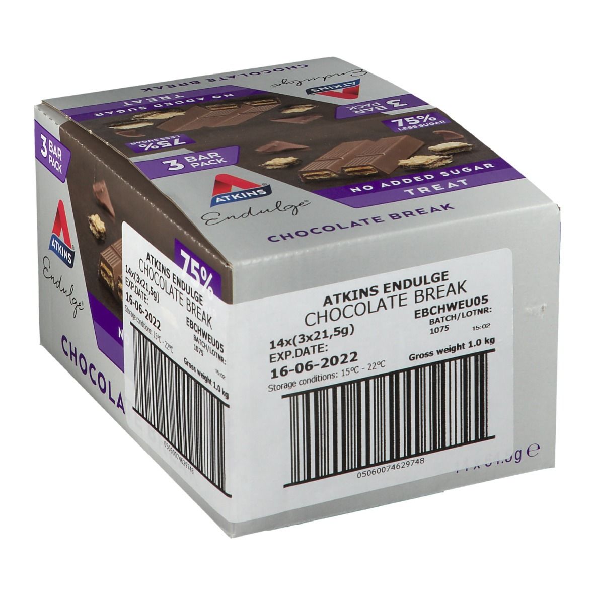 Verpackung von Atkins Endulge Chocolate Break. 3 Riegel Packung. 75% weniger Zucker. Ohne Zuckerzusatz. Haltbarkeit.