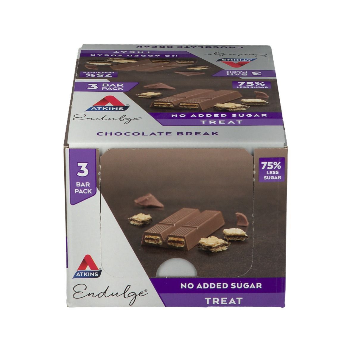 Verpackung von Atkins Endulge Chocolate Break. 3 Riegel Packung. 75% weniger Zucker. Ohne Zuckerzusatz.
