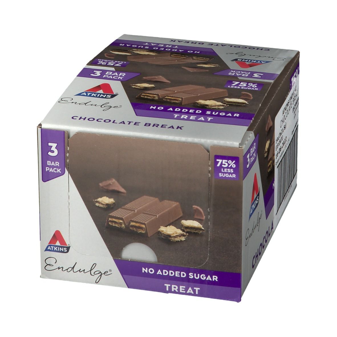 Verpackung von Atkins Endulge Chocolate Break. 3 Riegel Packung. 75% weniger Zucker. Ohne Zuckerzusatz.