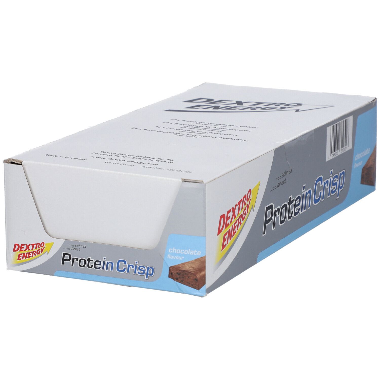 Boîte de Dextro Energy Protein Crisp, Schokolade. Emballage avec nom du produit et code-barres. Vue de dessus.