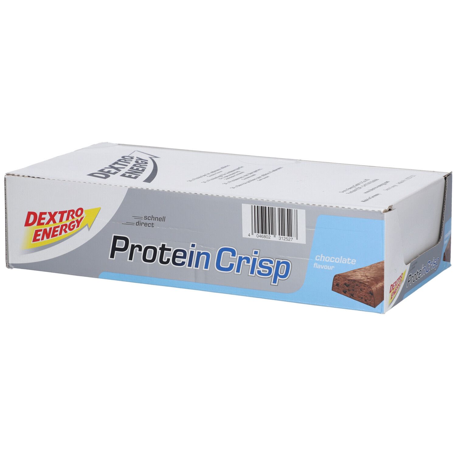 Boîte de Dextro Energy Protein Crisp, Schokolade. Emballage bleu et blanc avec nom du produit et code-barres.