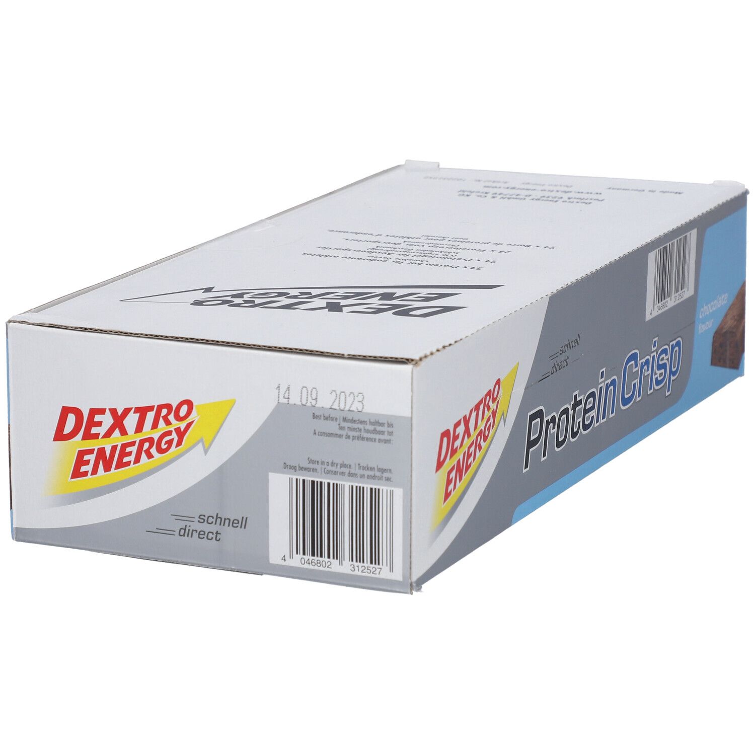 Boîte de Dextro Energy Protein Crisp, Schokolade. Emballage avec nom, code-barres et date de péremption.