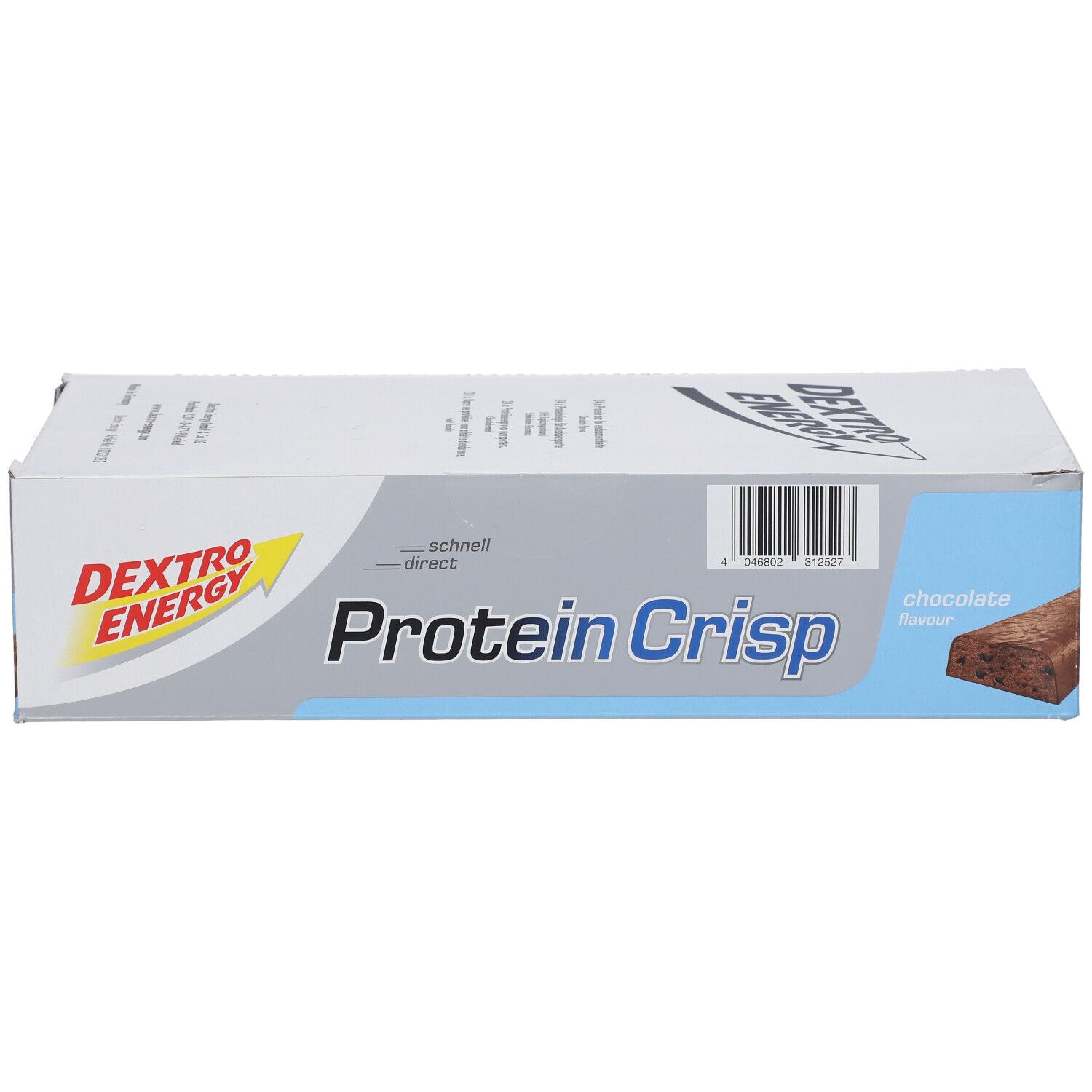 Boîte de Dextro Energy Protein Crisp, Schokolade. Emballage bleu et blanc avec nom du produit et code-barres.