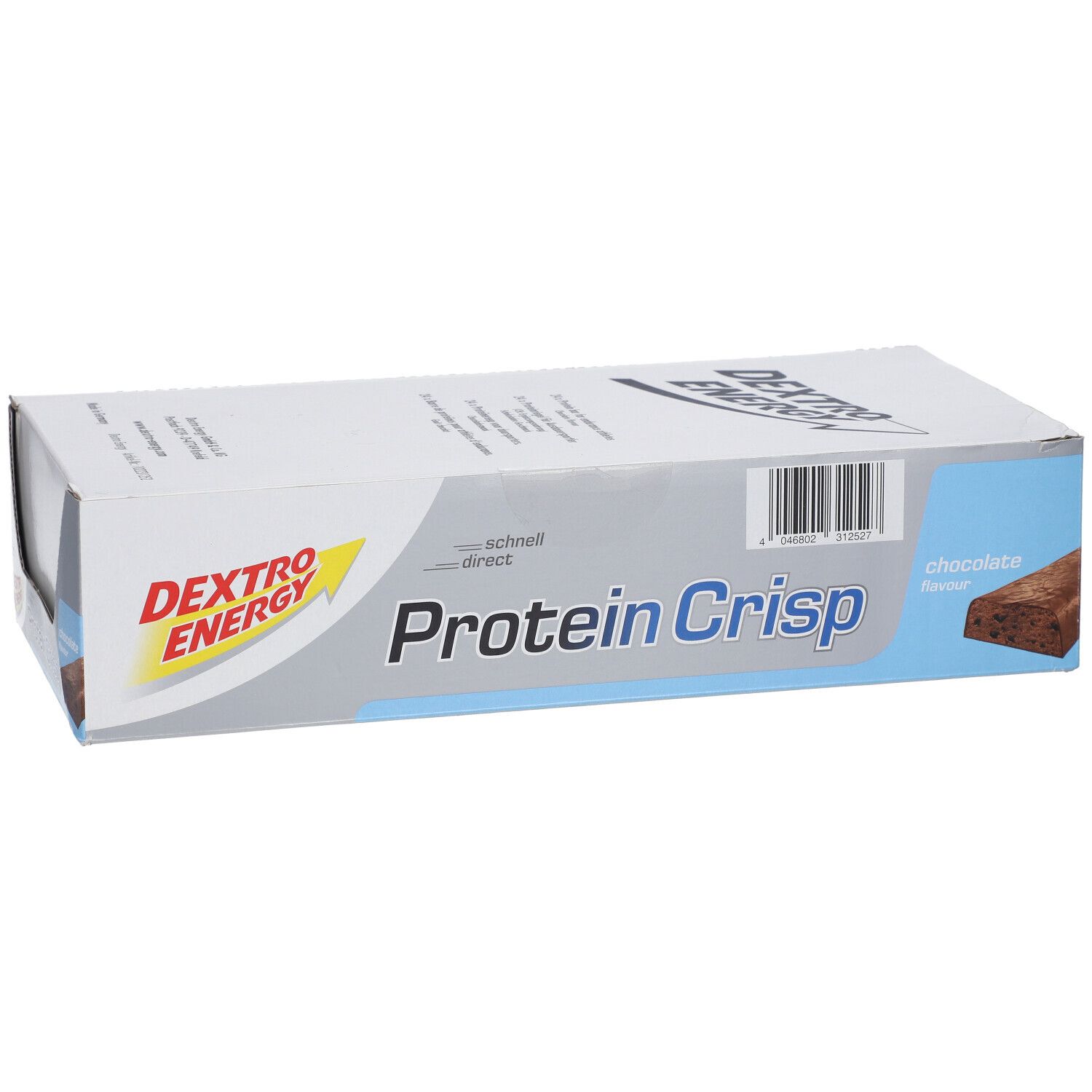 Boîte de Dextro Energy Protein Crisp, Schokolade. Emballage bleu et blanc avec nom du produit et code-barres.