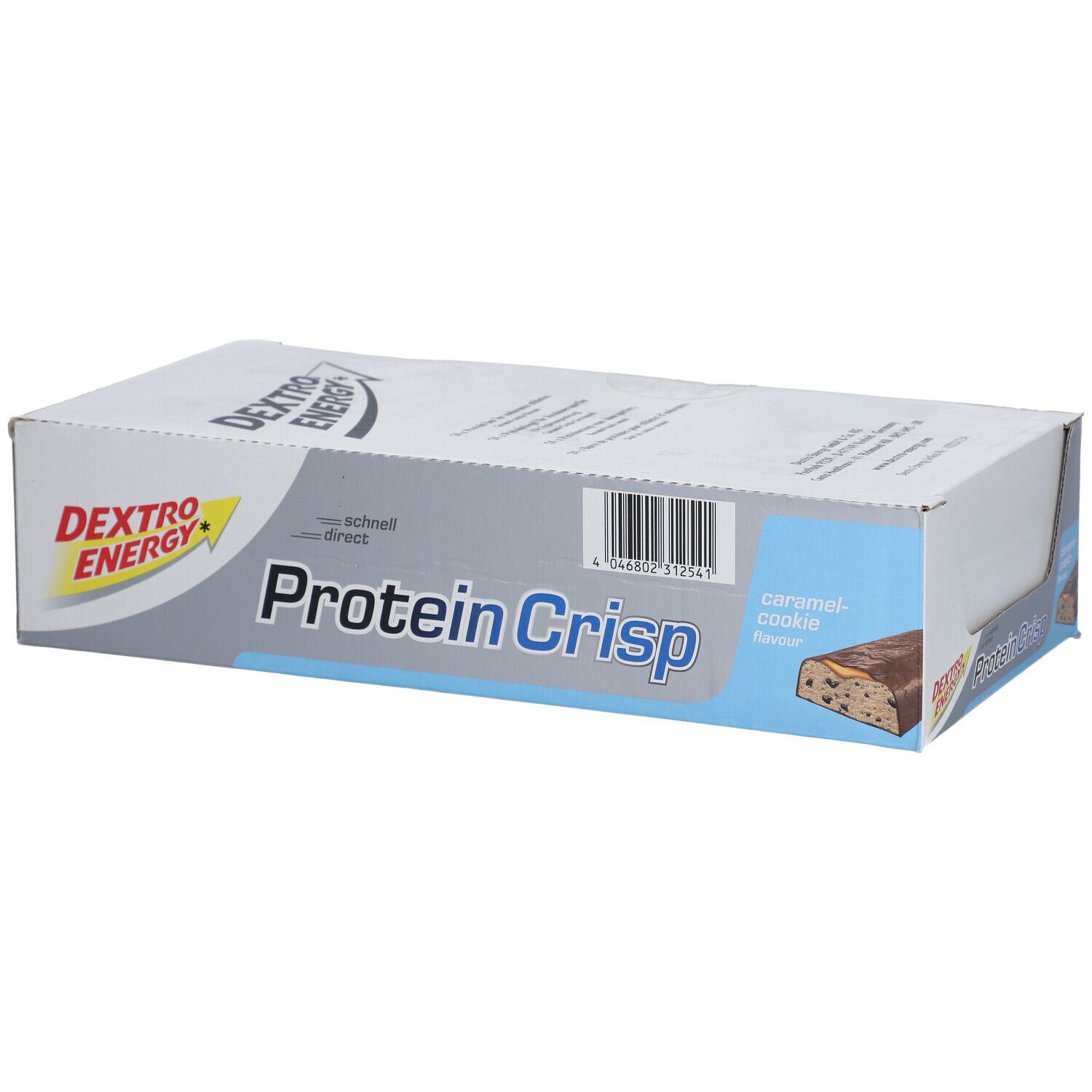 Karton mit Dextro Energy Protein Crisp, Karamell-Cookie. Blaue und weiße Verpackung mit Produktnamen und Logo. Einzelner Riegel abgebildet.