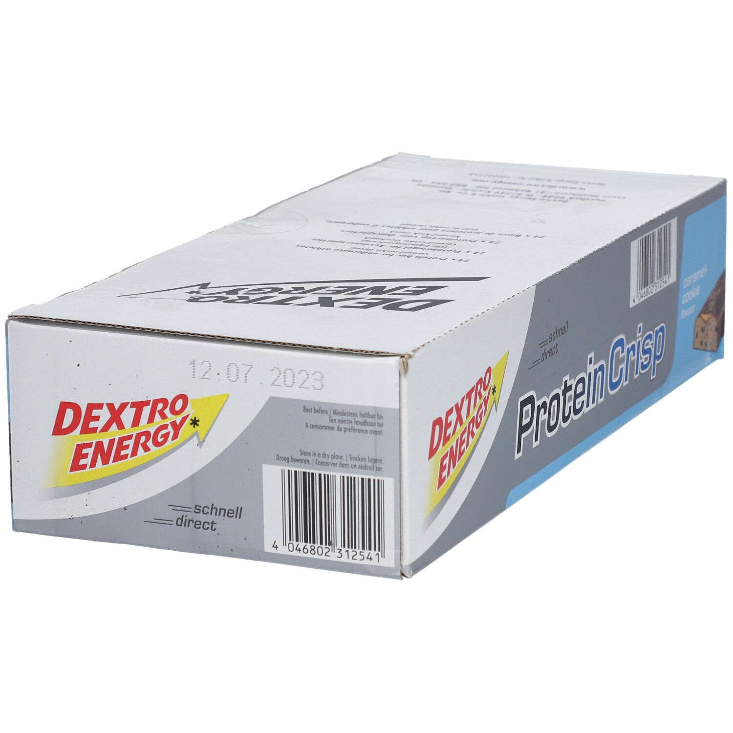 Karton mit Dextro Energy Protein Crisp, Karamell-Cookie. Blaue und weiße Verpackung mit Produktnamen und Logo. Einzelner Riegel abgebildet.