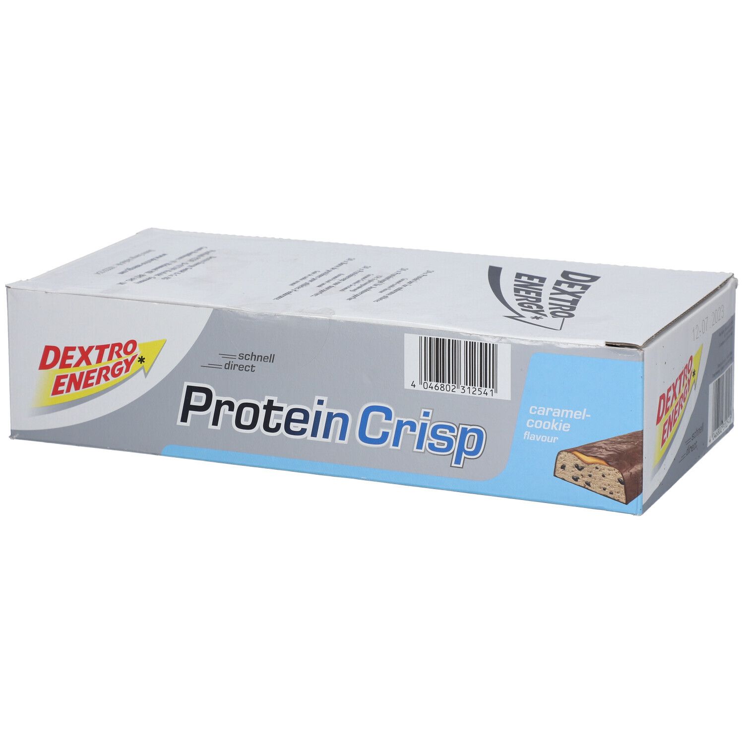 Karton mit Dextro Energy Protein Crisp, Karamell-Cookie. Blaue und weiße Verpackung mit Produktnamen und Logo. Einzelner Riegel abgebildet.