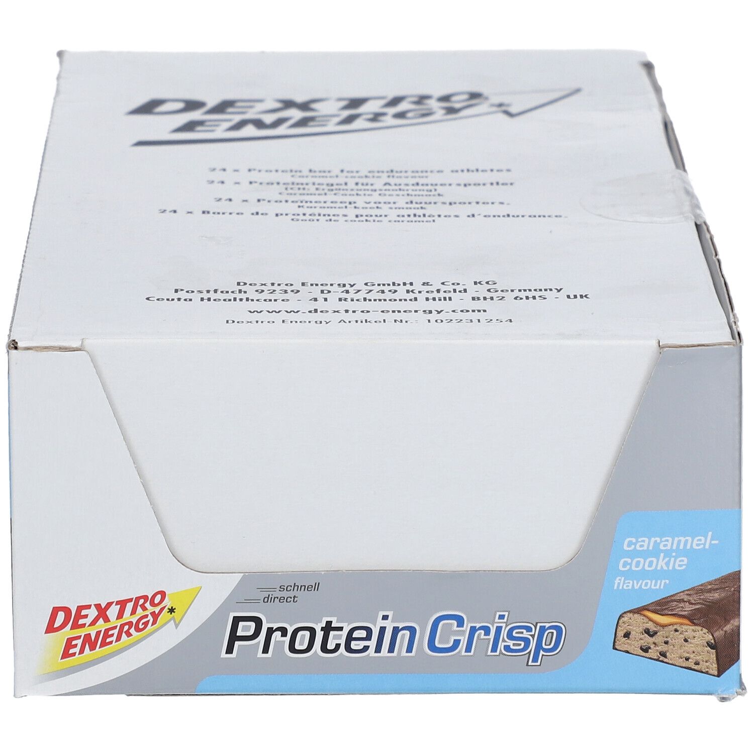 Karton mit Dextro Energy Protein Crisp, Karamell-Cookie. Blaue und weiße Verpackung mit Produktnamen und Logo. Einzelner Riegel abgebildet.