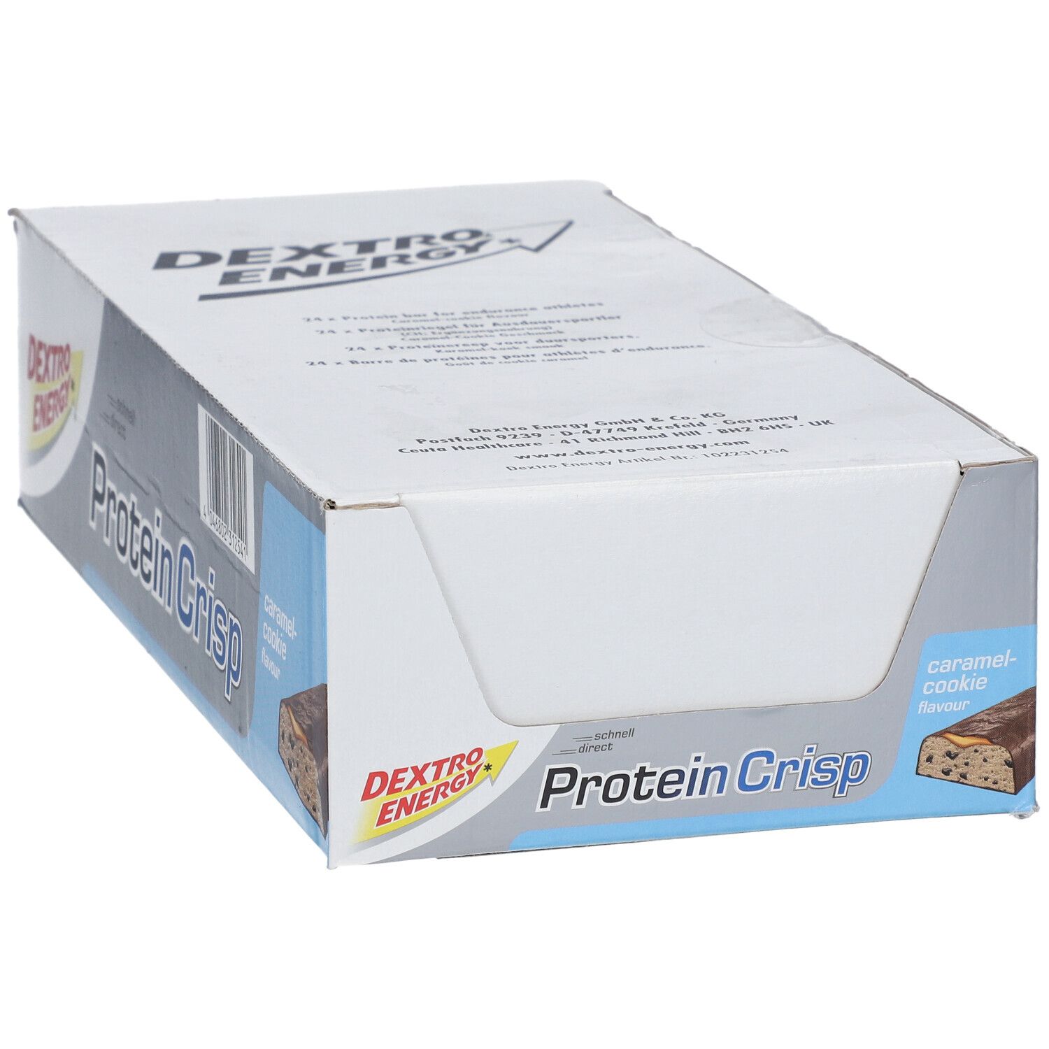 Karton mit Dextro Energy Protein Crisp, Karamell-Cookie. Blaue und weiße Verpackung mit Produktnamen und Logo. Einzelner Riegel abgebildet.