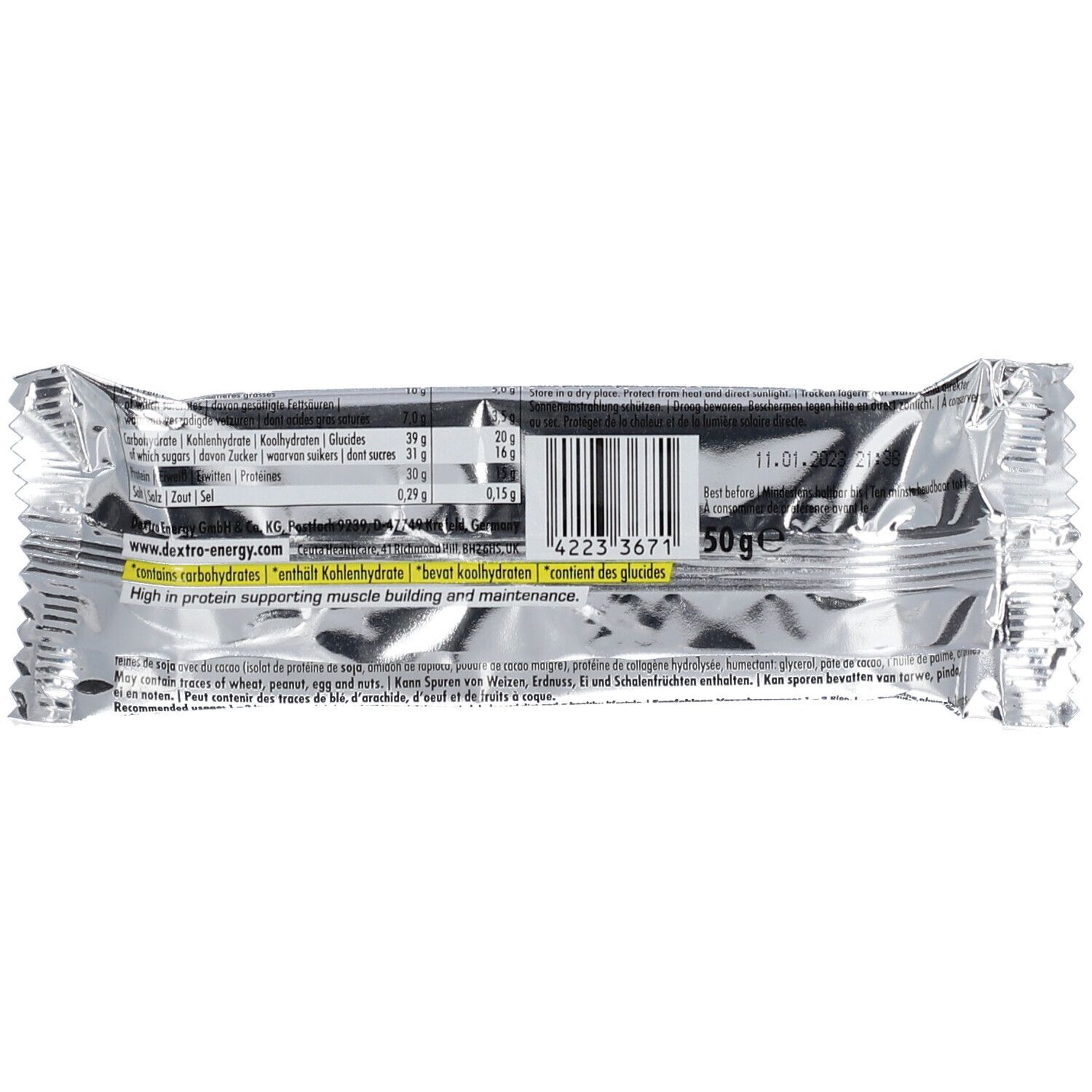 Rückseite der Dextro Energy Protein Crisp Verpackung. Enthält Nährwertangaben, Barcode und Text.