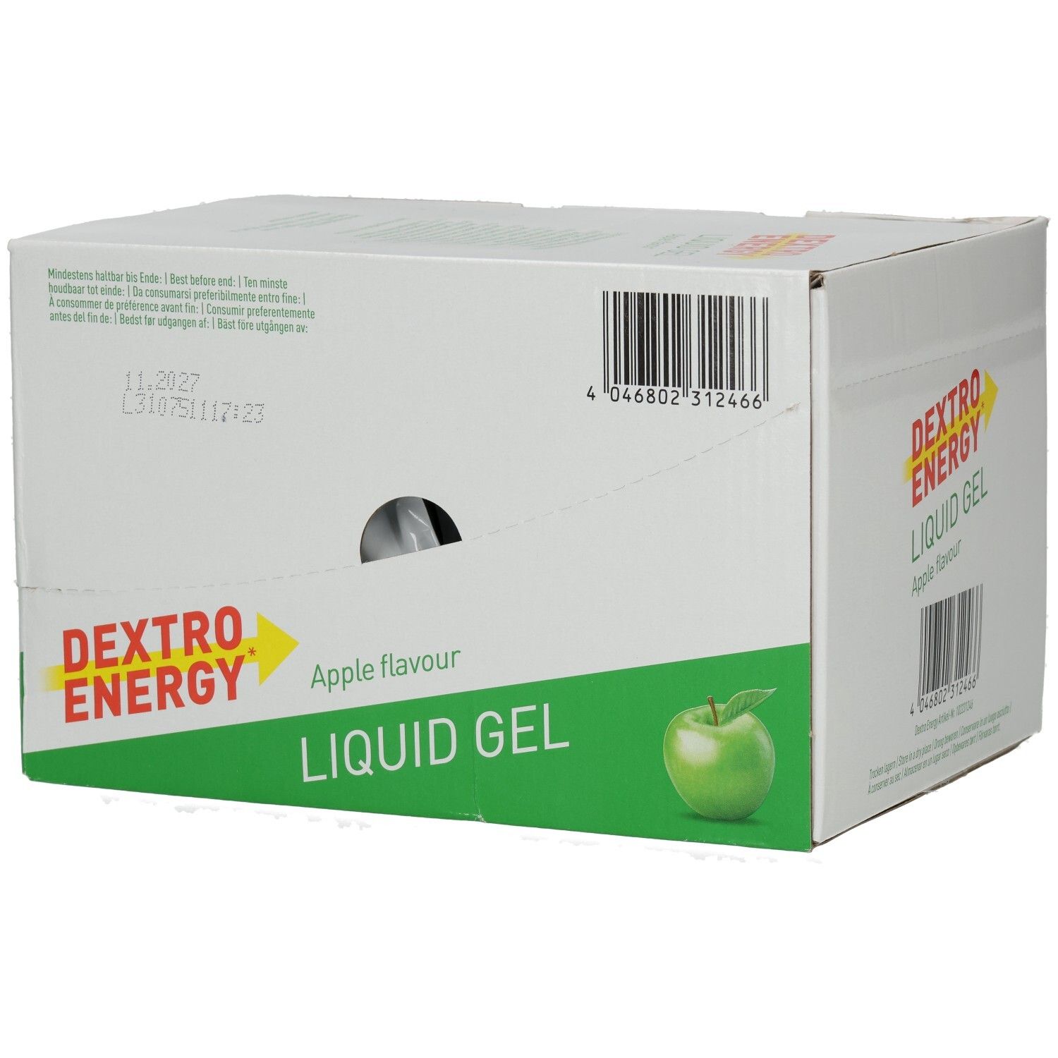 Karton Dextro Energy Liquid Gel Apfel. Weißer Karton mit grünen und roten Akzenten. Apfel-Illustration. Barcode und Text.