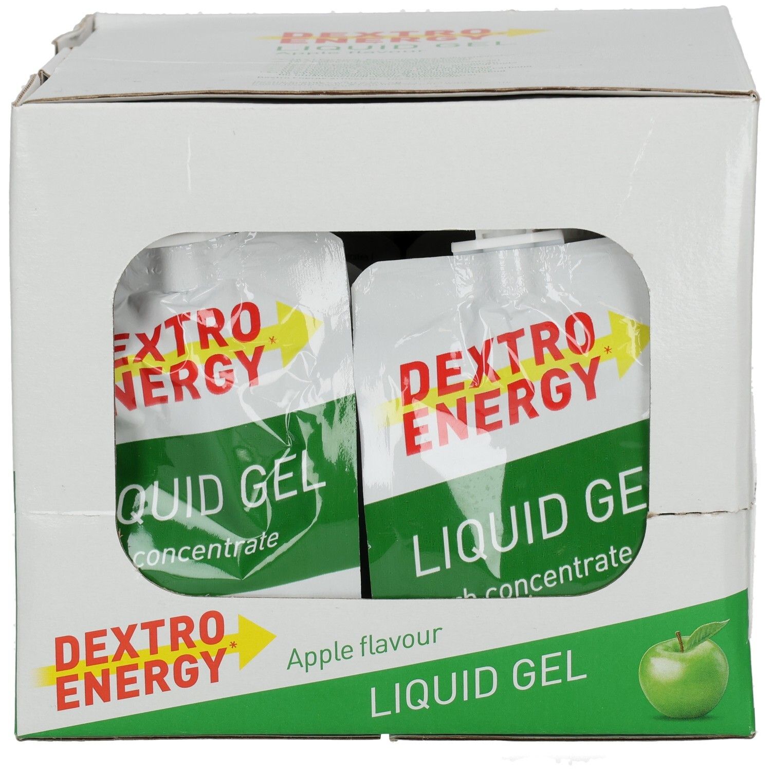 Karton mit zwei Beuteln Dextro Energy Liquid Gel Apfel. Weißer Karton mit grünen und roten Akzenten. Apfel-Illustration.