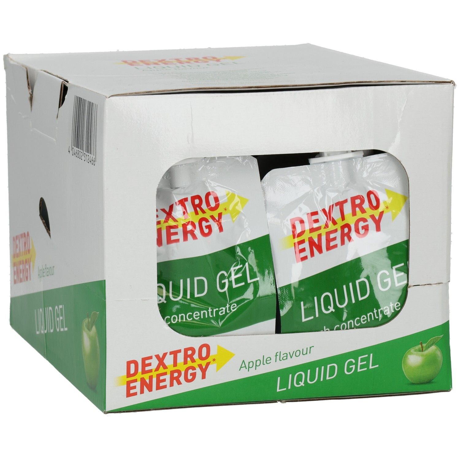 Karton mit zwei Beuteln Dextro Energy Liquid Gel Apfel. Weißer Karton mit grünen und roten Akzenten. Apfel-Illustration.