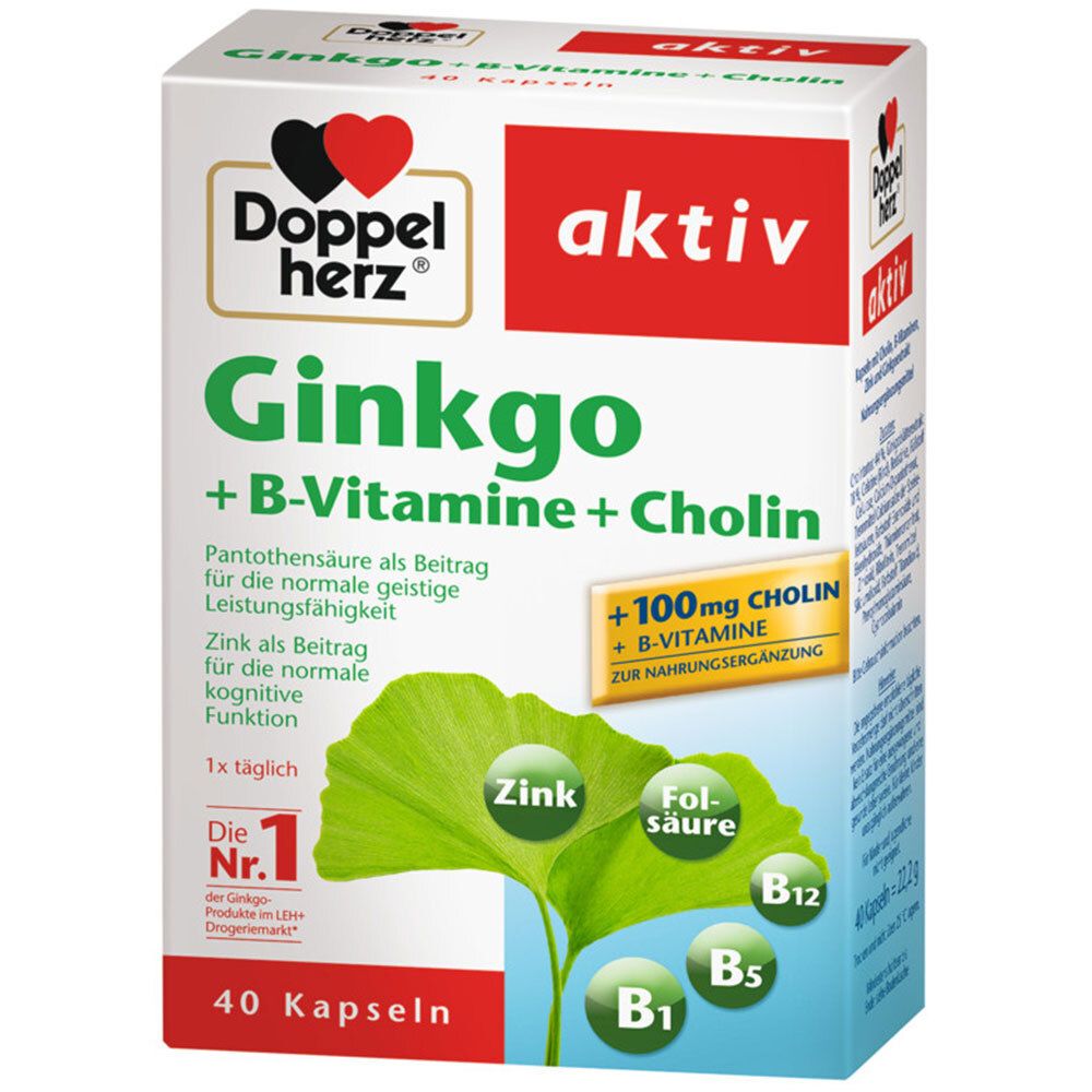 Verpackung von Doppelherz aktiv Ginkgo + B-Vitamine + Cholin. Enthält 40 Kapseln. Aufschrift: Ginkgo, B-Vitamine, Cholin.