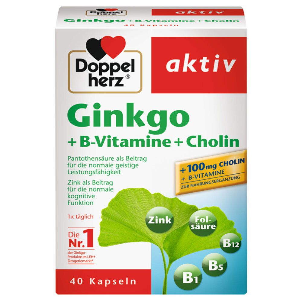 Verpackung von Doppelherz aktiv Ginkgo + B-Vitamine + Cholin. Enthält 40 Kapseln. Aufschrift: Ginkgo, B-Vitamine, Cholin.