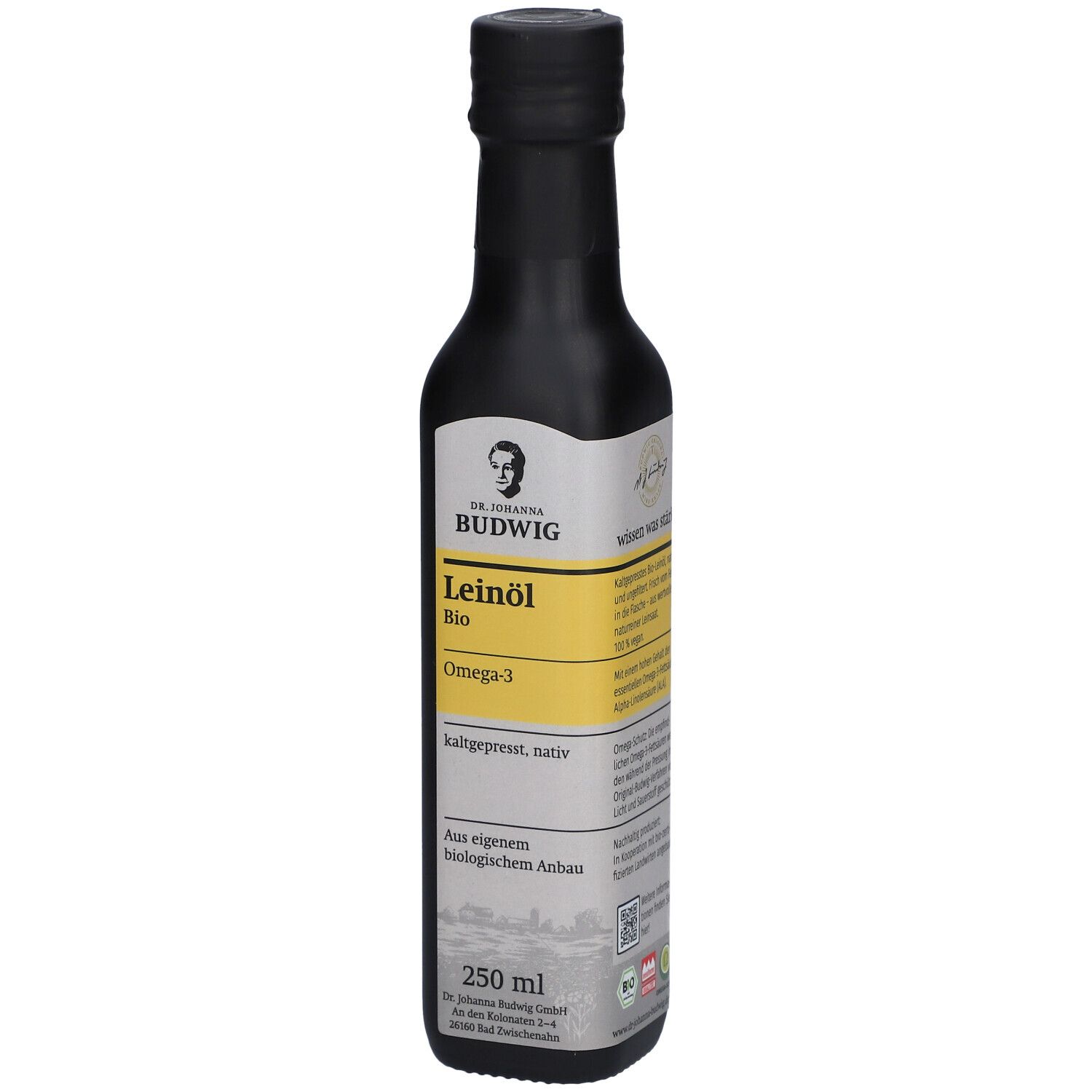 Dunkle Glasflasche mit Etikett. Aufschrift: Dr. Johanna Budwig Leinöl Bio Omega-3. 250 ml.