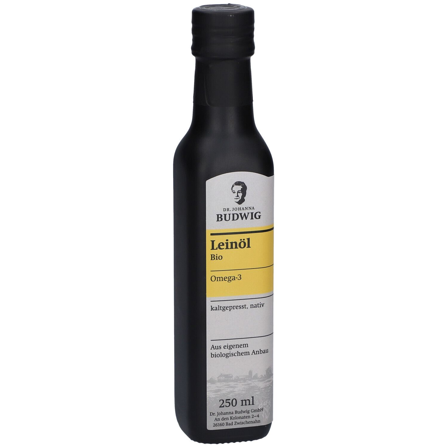 Dunkle Glasflasche mit Etikett. Aufschrift: Dr. Johanna Budwig Leinöl Bio Omega-3. 250 ml. Schwarzer Verschluss.