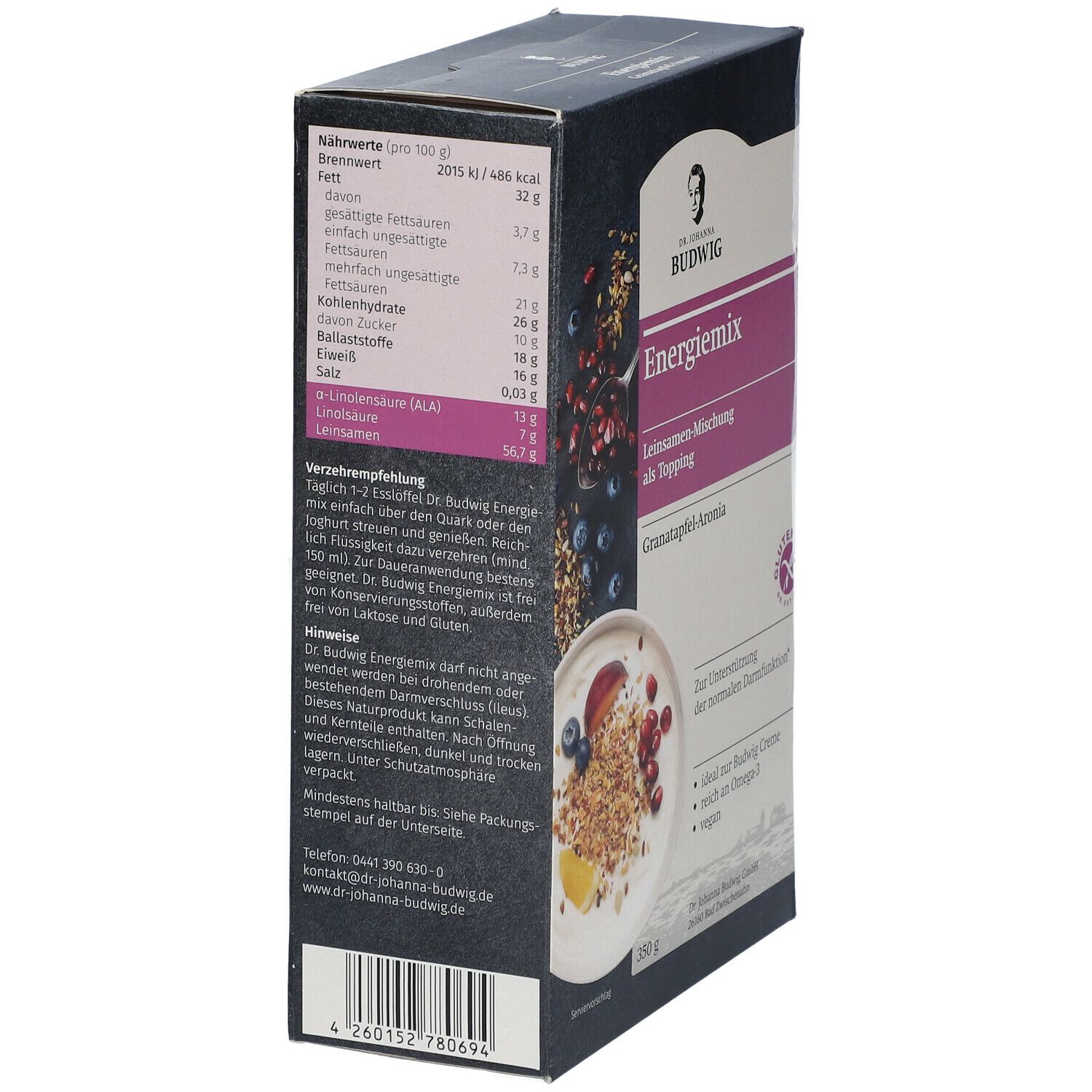 Dr. Johanna Budwig Bio Energiemix, Granatapfel-Aronia 350 g Müsli