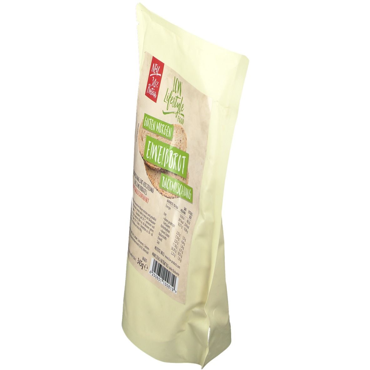 Verpackung von LCW Eiweißbrot Backmischung. Aufdruck: Eiweißbrot, Backmischung, Guten Morgen. Beutel schräg gestellt.