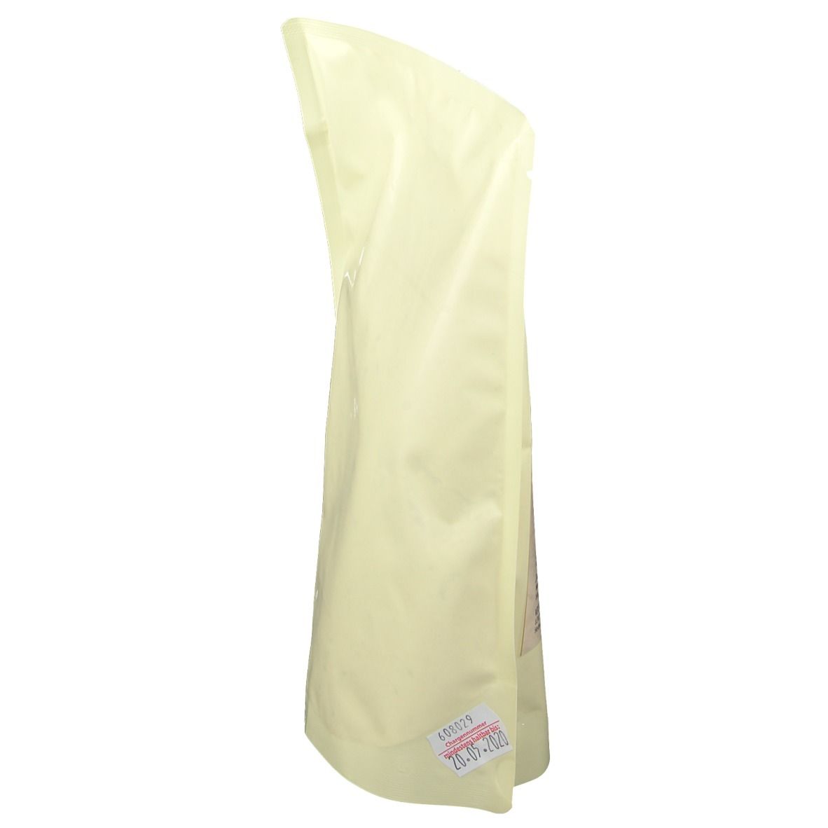 Beige Verpackung von LCW Eiweißbrot Backmischung. Seitenansicht. Aufkleber mit Datum. Keine weiteren Details erkennbar.