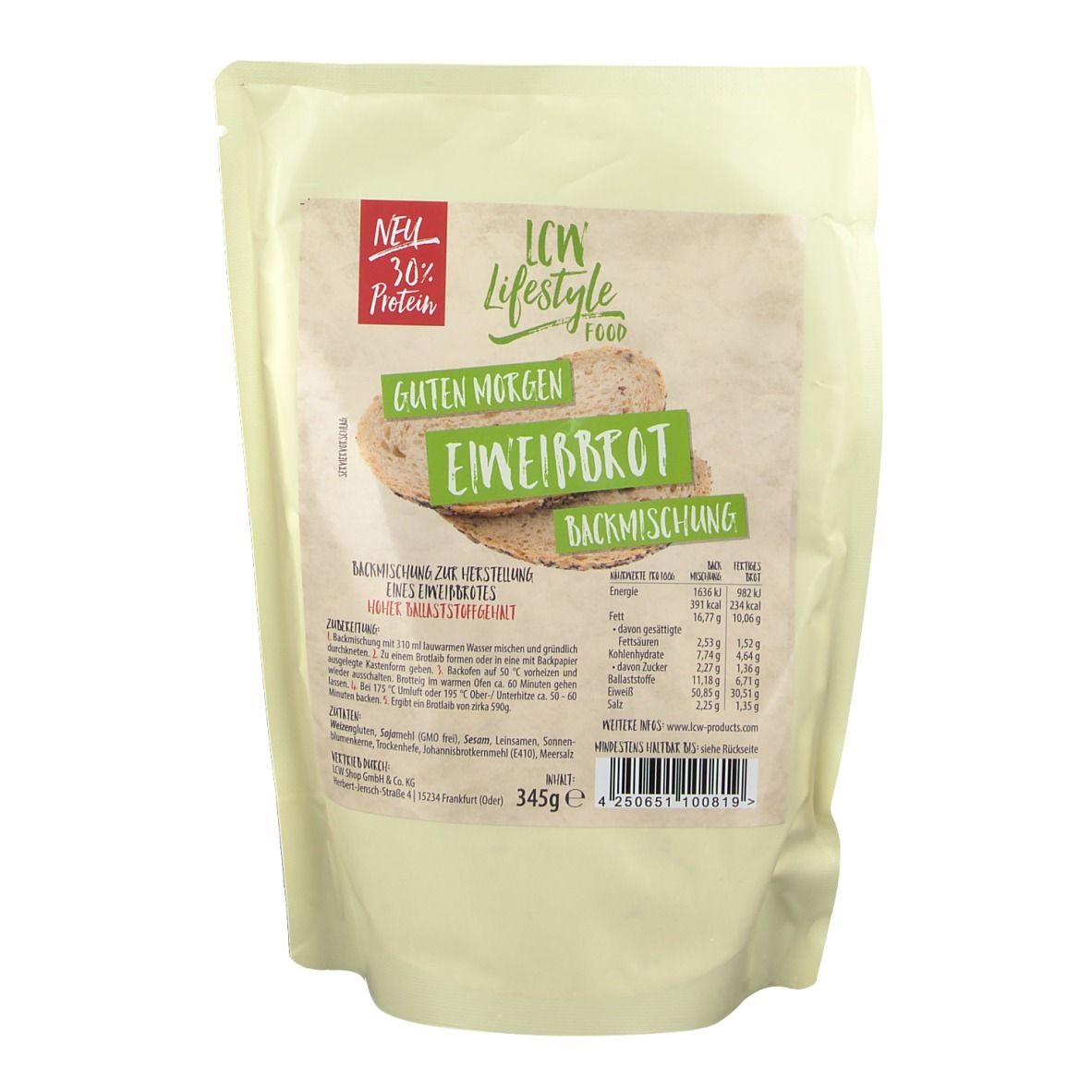 Verpackung von LCW Eiweißbrot Backmischung. Aufdruck: Eiweißbrot, Backmischung, Guten Morgen. 36% Protein. 345g.