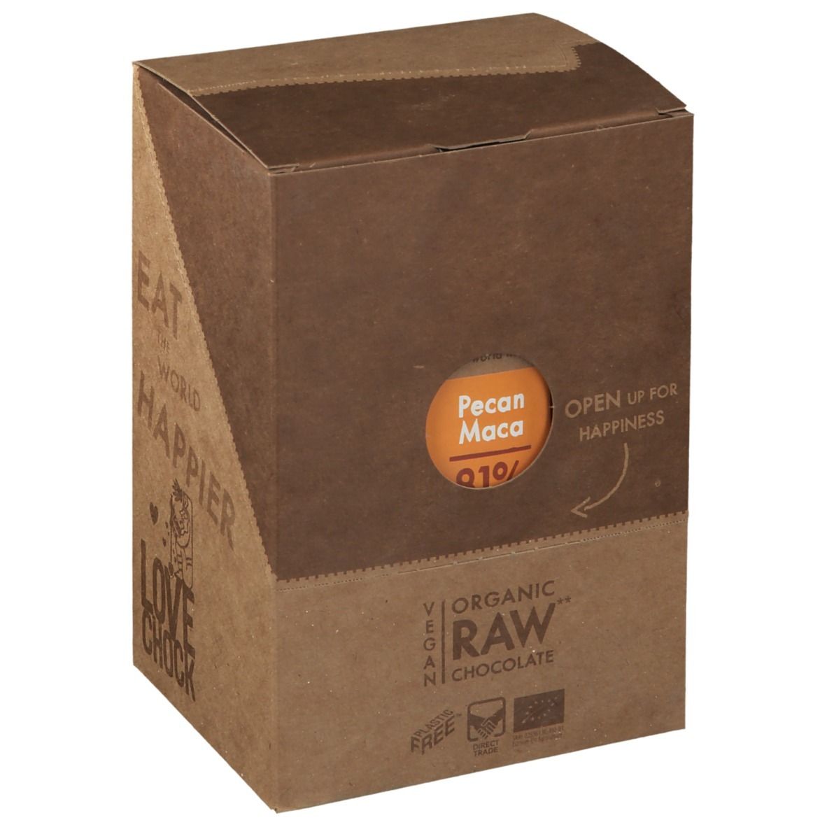 Kartonverpackung mit rundem Fenster. Aufschrift: Pecan Maca, Q10. Vegan, Organic Raw Chocolate. Aufdruck: Eat the world happier, Lovechock.