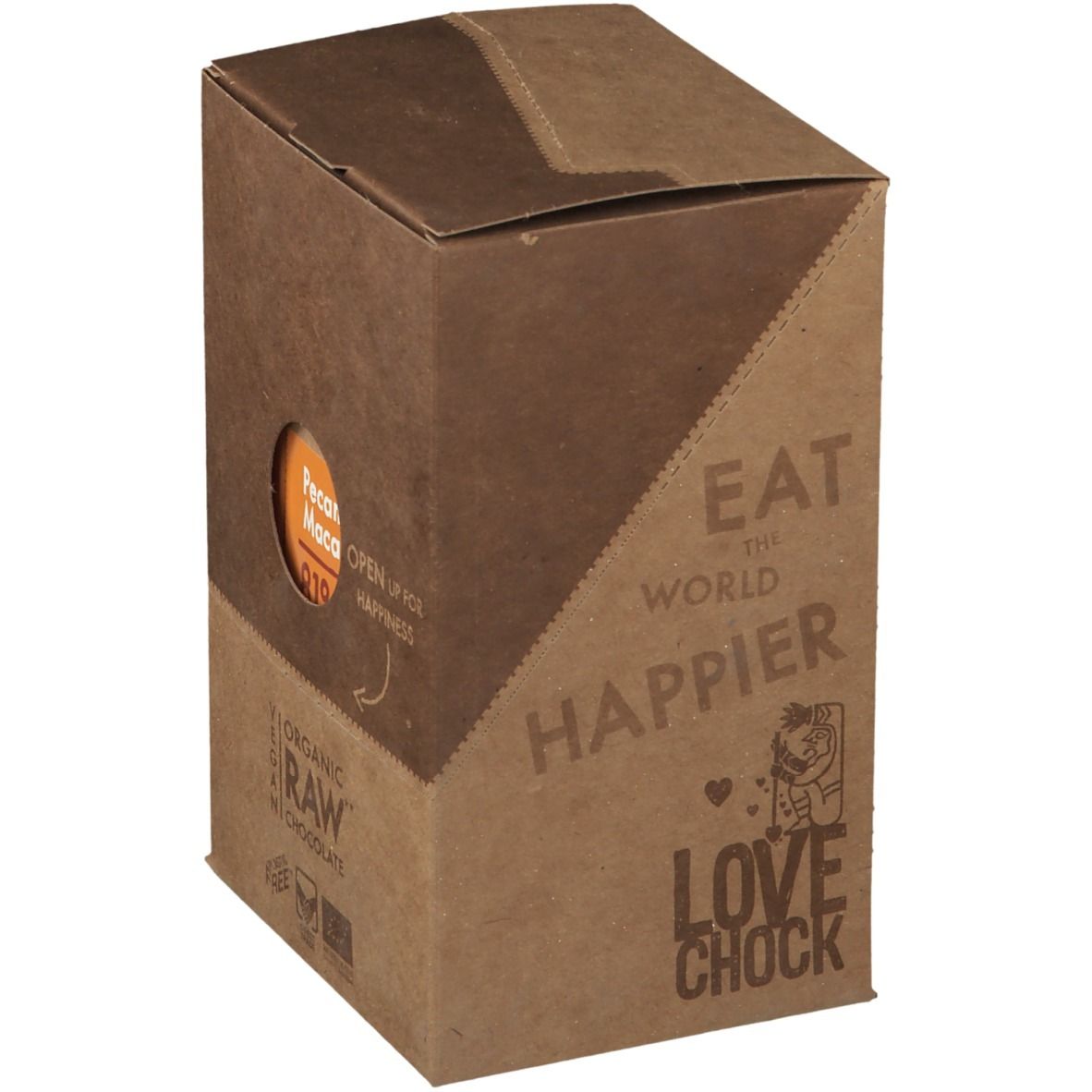 Kartonverpackung mit rundem Fenster. Aufschrift: Pecan Maca, Q10. Vegan, Organic Raw Chocolate. Aufdruck: Eat the world happier, Lovechock.