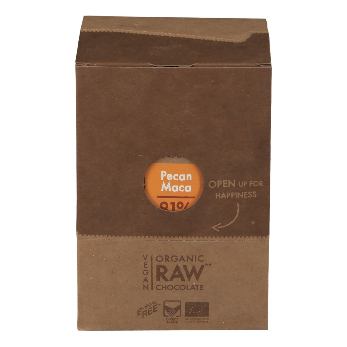 Kartonverpackung mit rundem Fenster. Aufschrift: Pecan Maca, Q10. Vegan, Organic Raw Chocolate. Aufdruck: Eat the world happier, Lovechock.