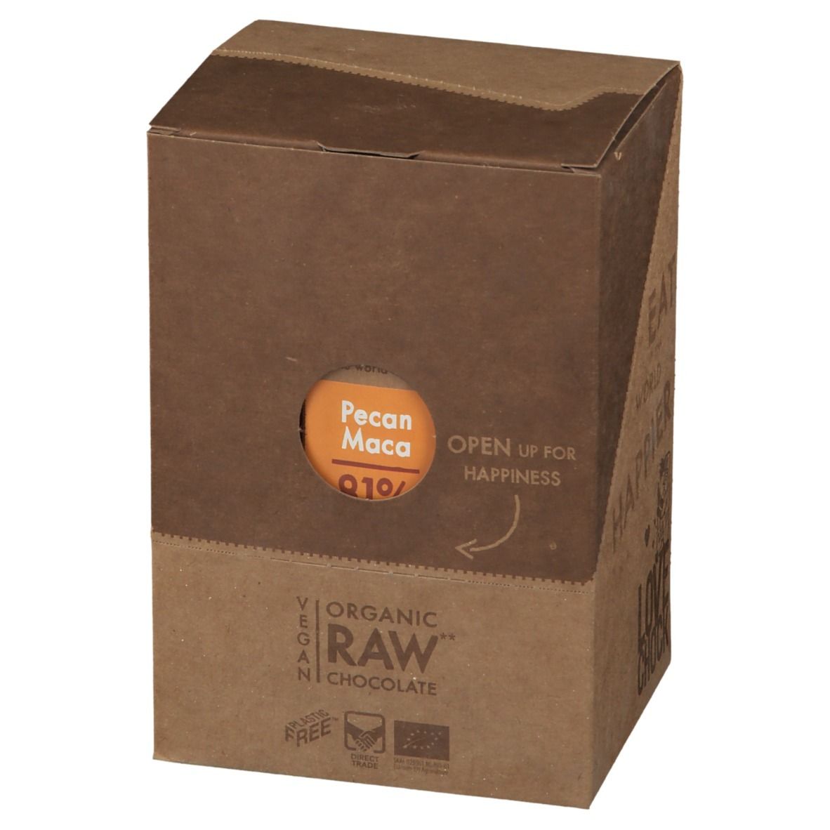Kartonverpackung mit rundem Fenster. Aufschrift: Pecan Maca, Q10. Vegan, Organic Raw Chocolate. Aufdruck: Eat the world happier, Lovechock.
