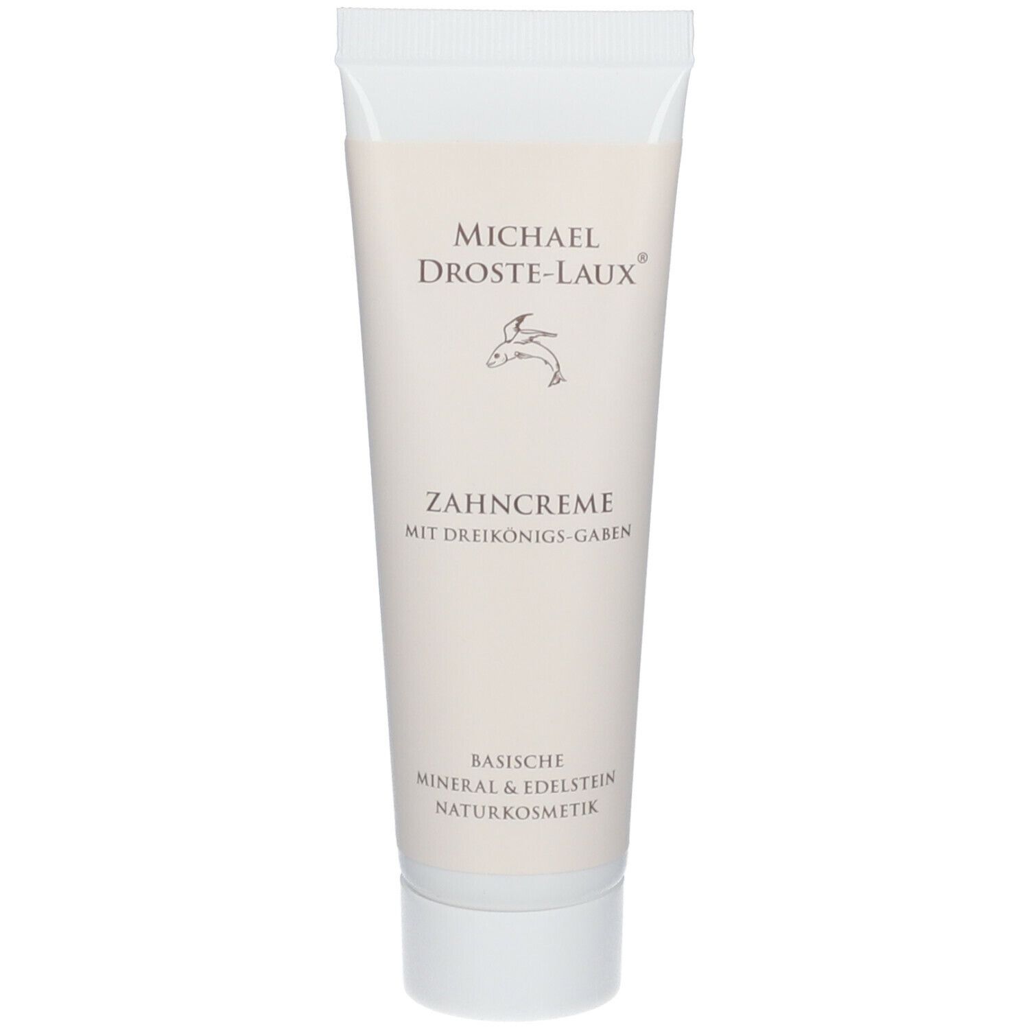 Zahncreme-Tube, weiß mit hellbraunem Etikett. Schriftzug: MICHAEL DROSTE-LAUX, Zahncreme, mit Dreikönigs-Gaben, Basische Mineral & Edelstein Naturkosmetik.