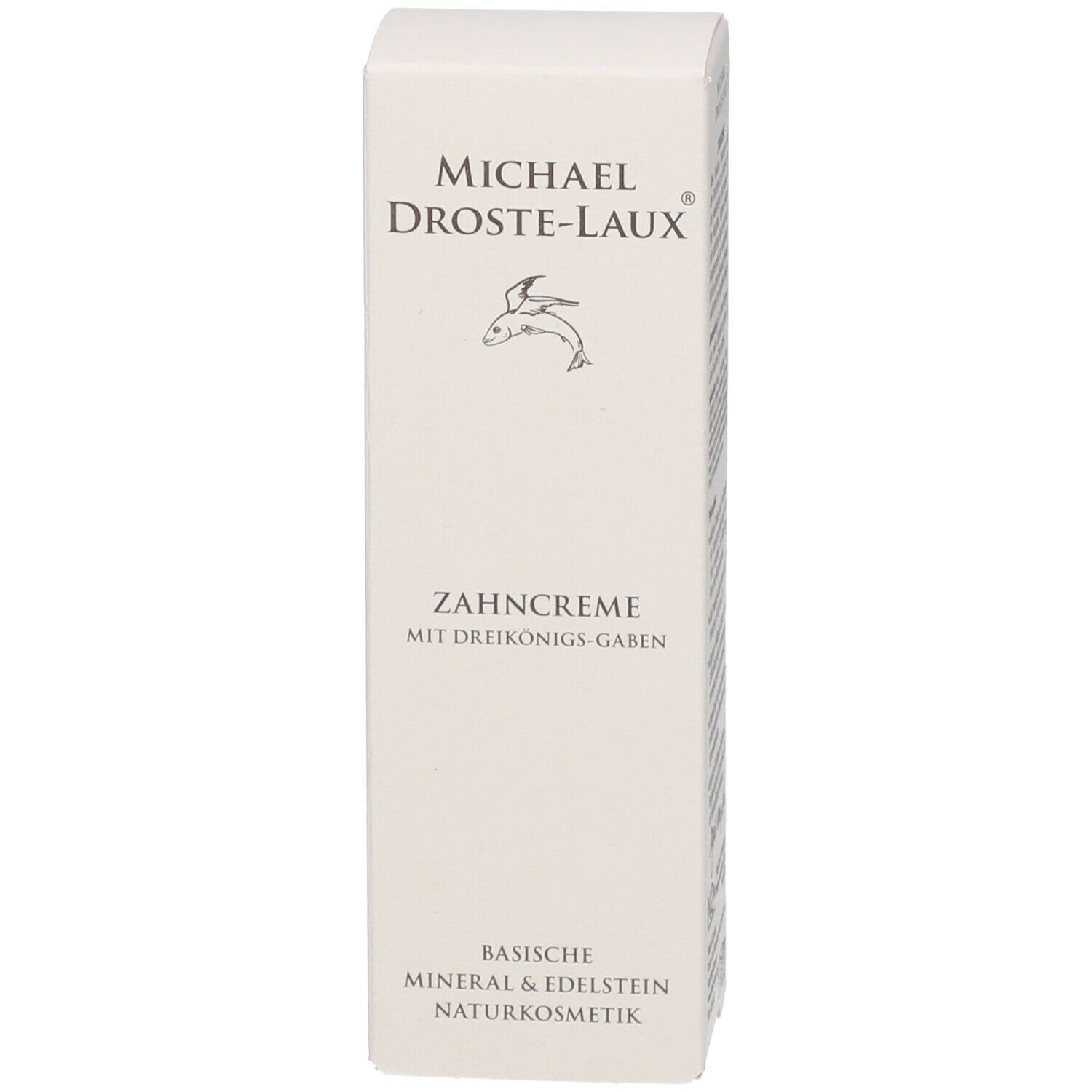 Beige Kartonverpackung. Schriftzug: MICHAEL DROSTE-LAUX, Zahncreme, mit Dreikönigs-Gaben, Basische Mineral & Edelstein Naturkosmetik.