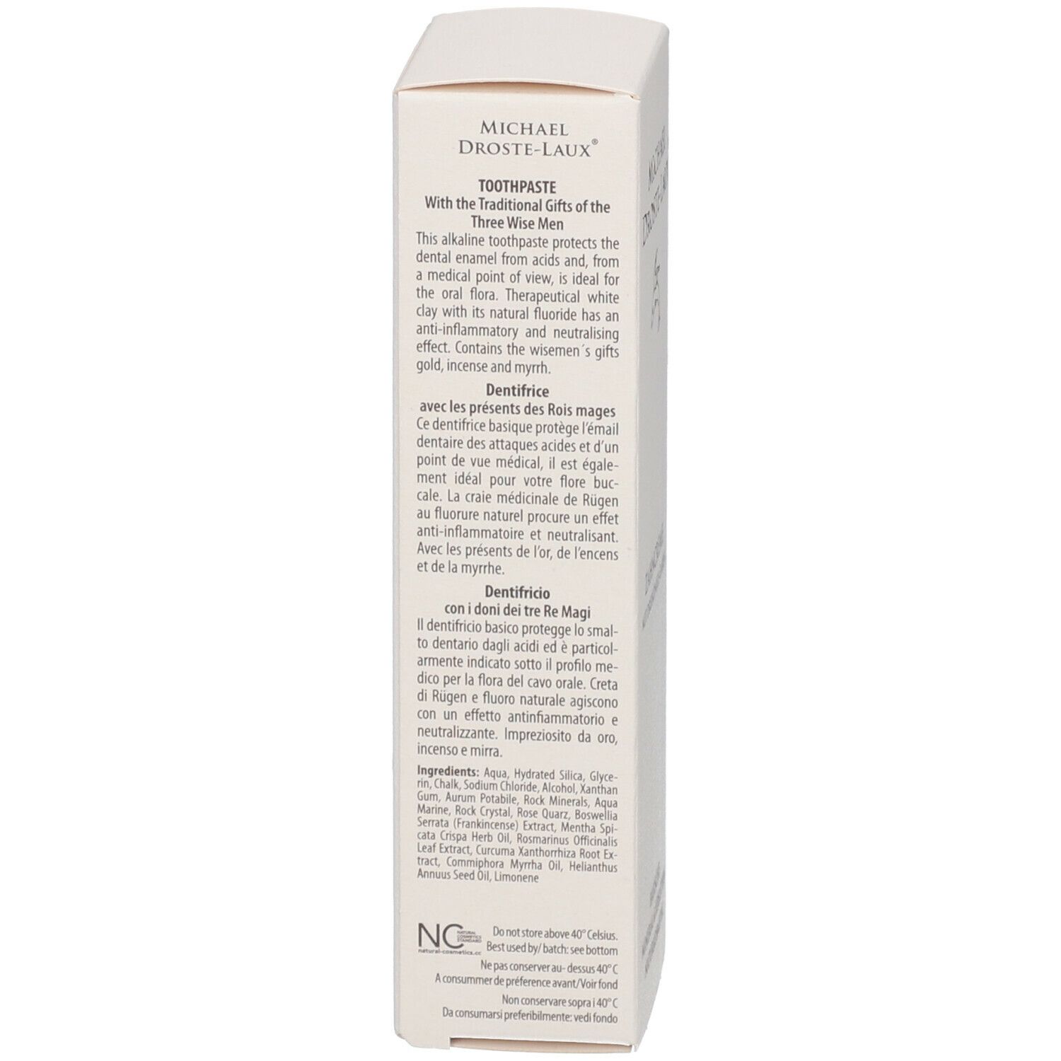 Kartonverpackung, Rückseite. Text in Deutsch, Englisch, Französisch und Italienisch. Enthält Informationen zur Zusammensetzung und Anwendung.