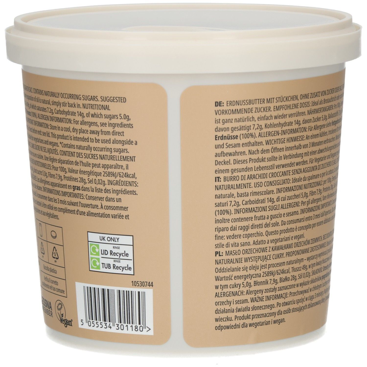 Eimer mit Text. Nährwertangaben. Zutaten: Erdnüsse. 1kg. Informationen für Allergiker. Empfehlungen für die Lagerung und Verwendung.