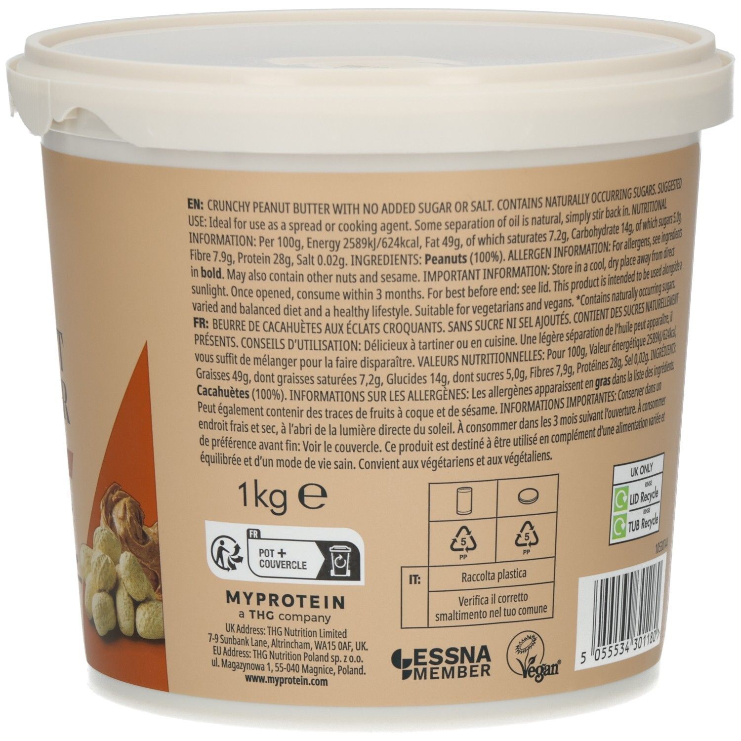 Eimer Erdnussbutter. Aufschrift: MYPROTEIN, PEANUT BUTTER, Quelle für Protein, ohne Palmöl, Crunchy. Abbildung von Erdnüssen.
