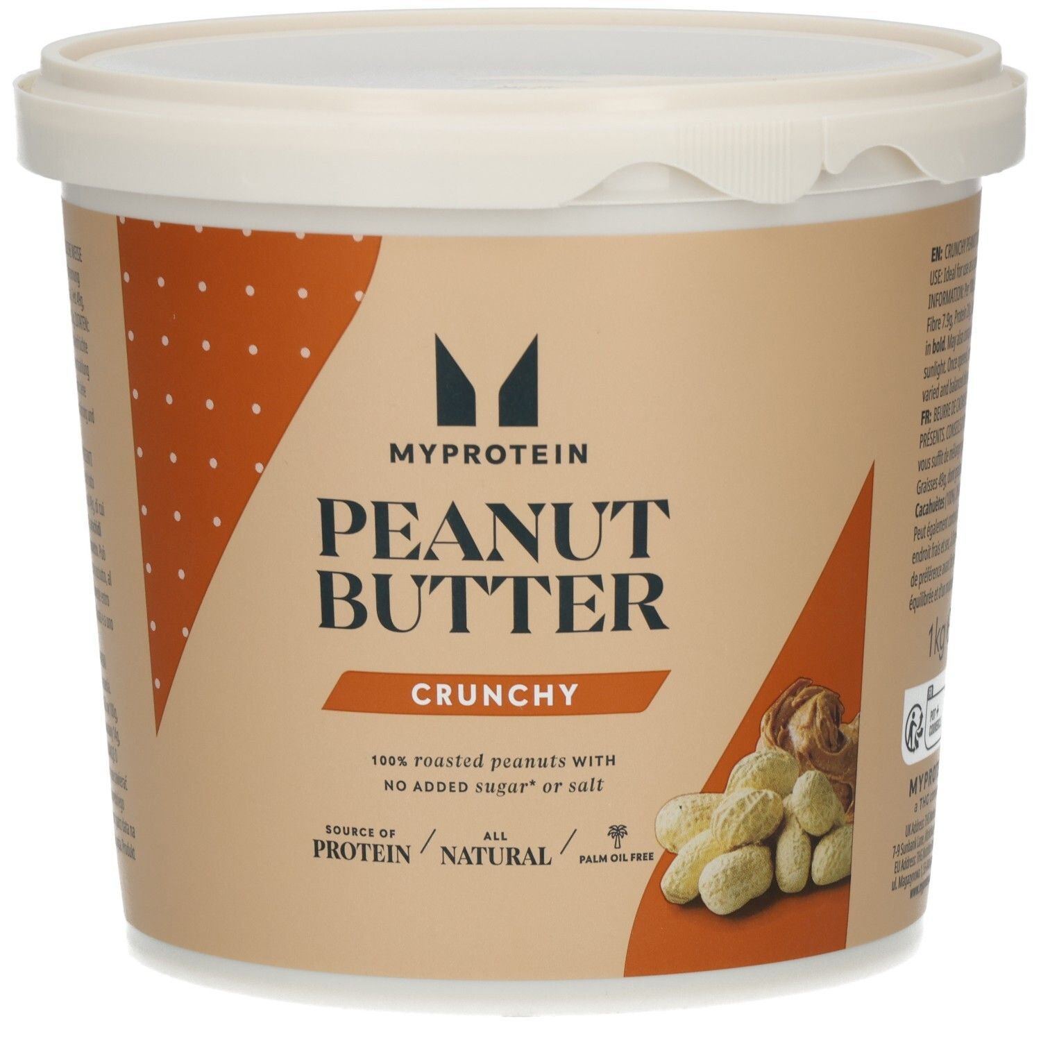 Eimer Erdnussbutter. Aufschrift: MYPROTEIN, PEANUT BUTTER, Quelle für Protein, ohne Palmöl, Crunchy. Abbildung von Erdnüssen.