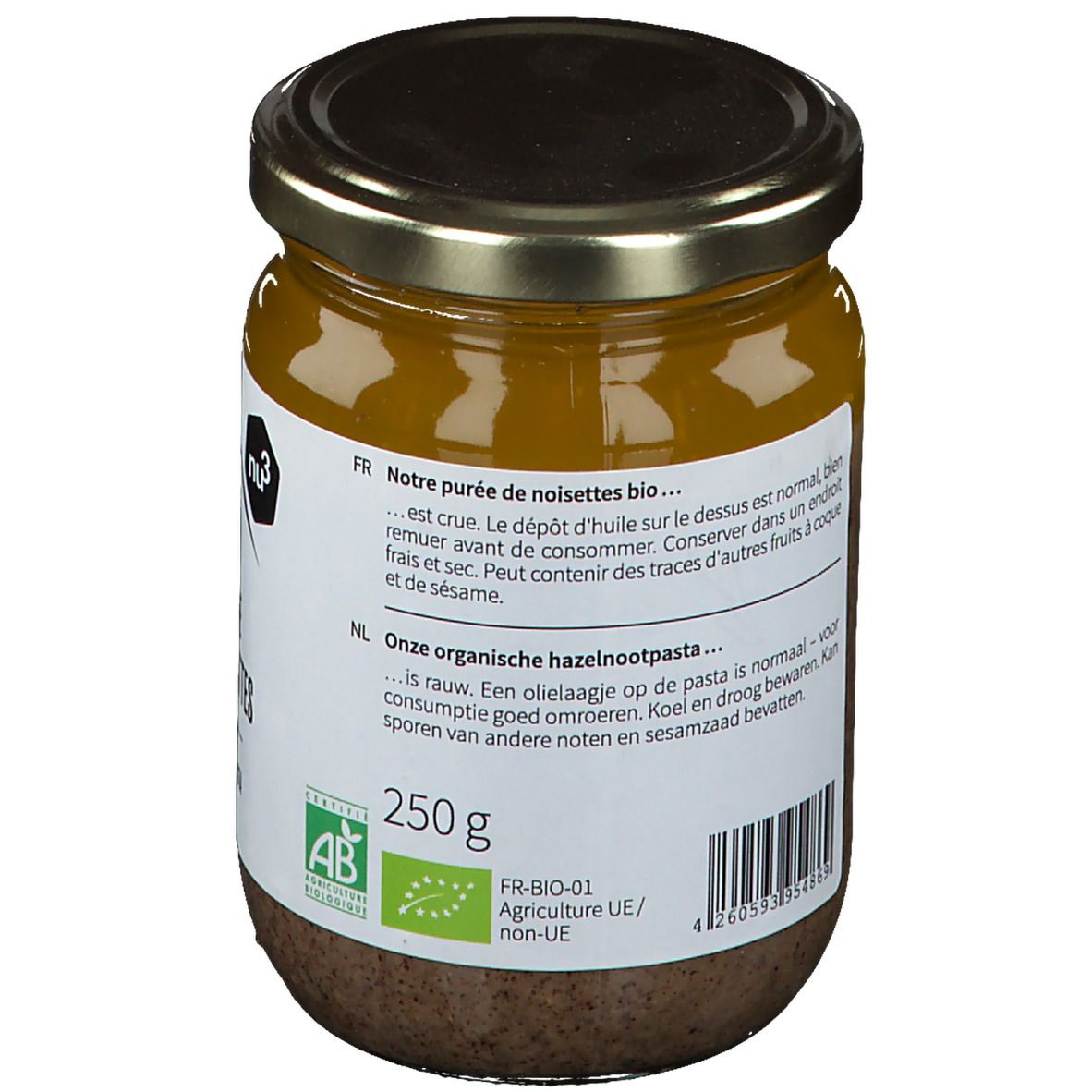 Pot de purée de noisettes. Dos avec texte en français et néerlandais. Label bio et poids.