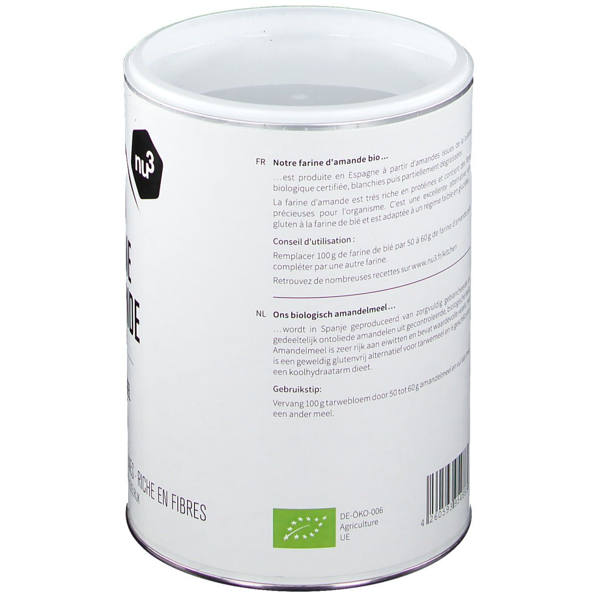Dos de la boîte avec texte en français et néerlandais. Informations sur la fabrication et l'utilisation. Label bio UE.