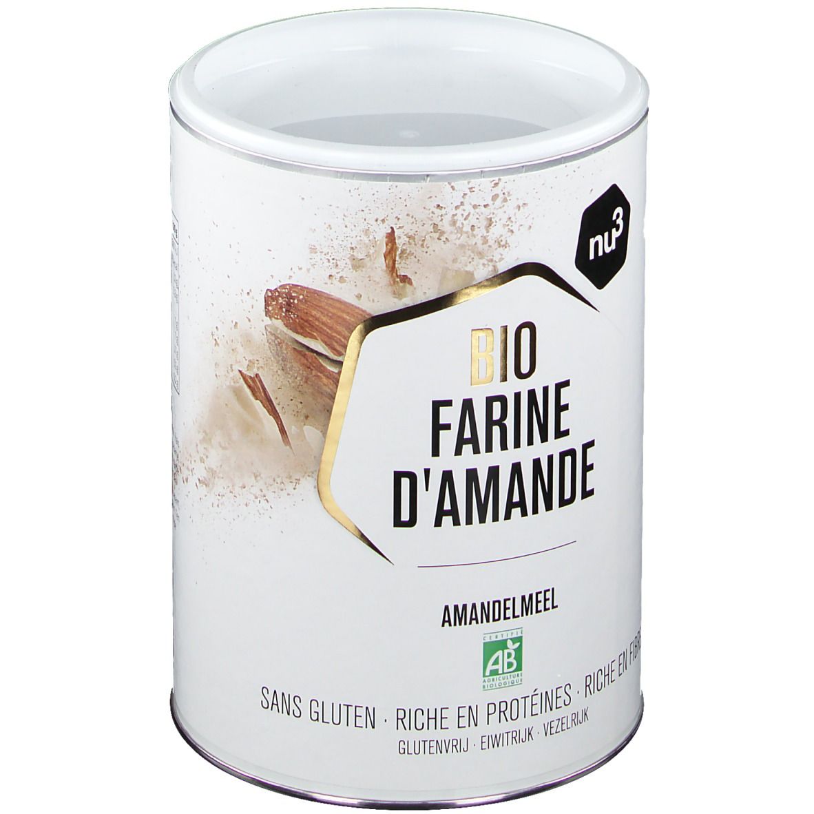 Boîte cylindrique de "nu3 Bio Farine d'Amande". Étiquette blanche avec nom du produit, logo et certification. Illustration d'amande.